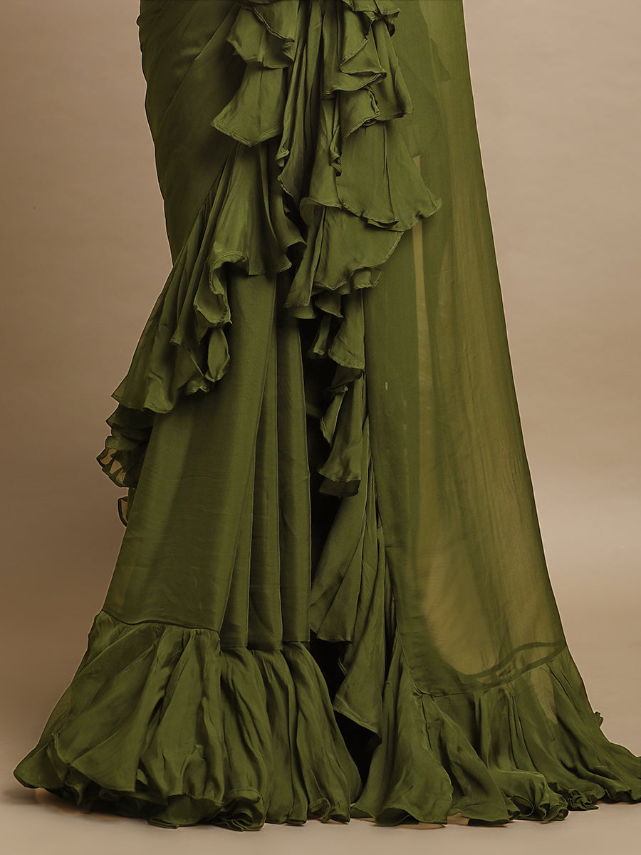 Tamira x Tyohaar Saree, in Green Viscose Organza, made for party & festive (view 2).