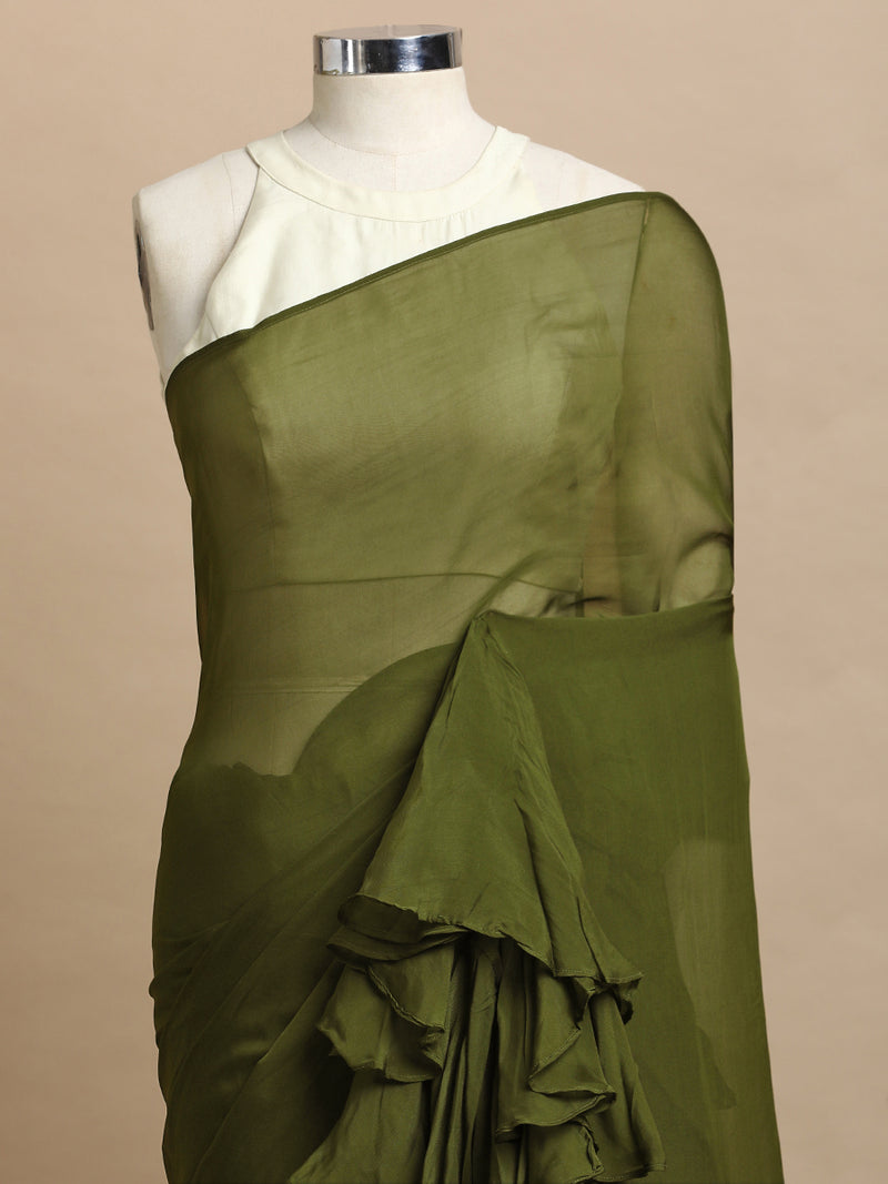 Tamira x Tyohaar | Harvest Green Viscose Organza Designer Flounce Saree-Binks