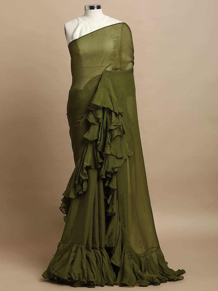 Tamira x Tyohaar Saree, in Green Viscose Organza, made for party & festive (view 5).