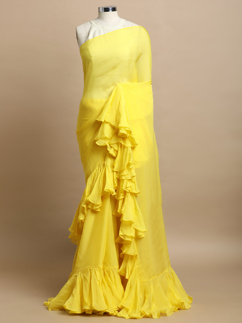 Tamira x Tyohaar | Lumina Yellow Viscose Organza Designer Flounce Saree-Binks