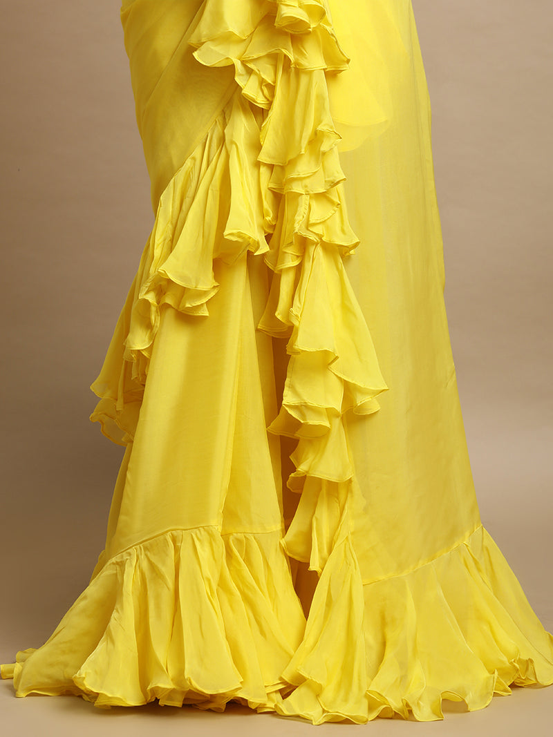 Tamira x Tyohaar | Lumina Yellow Viscose Organza Designer Flounce Saree-Binks