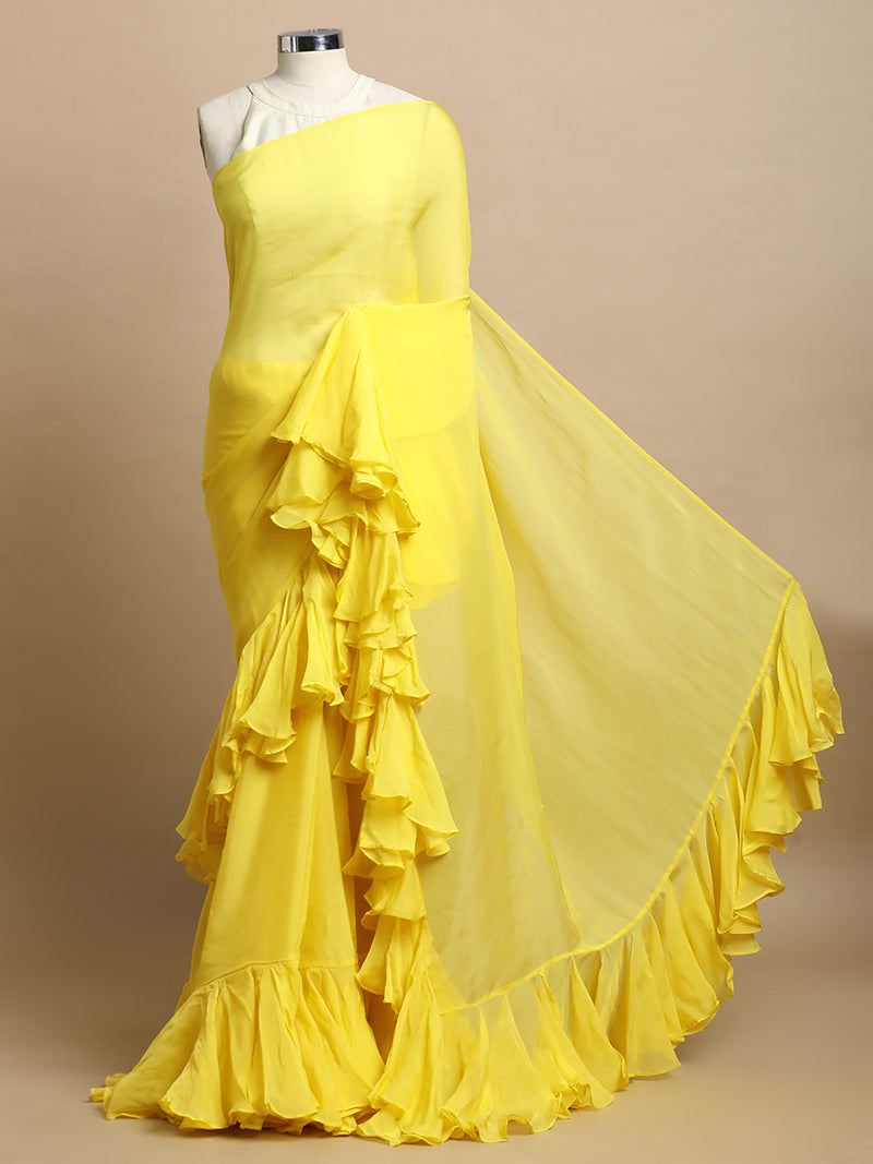 Tamira x Tyohaar | Lumina Yellow Viscose Organza Designer Flounce Saree-Binks