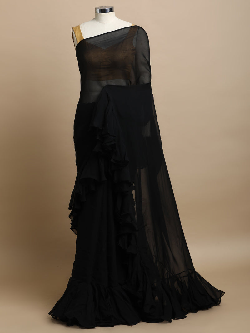 Tamira x Tyohaar | Mystic Black Viscose Organza Designer Flounce Saree-Binks