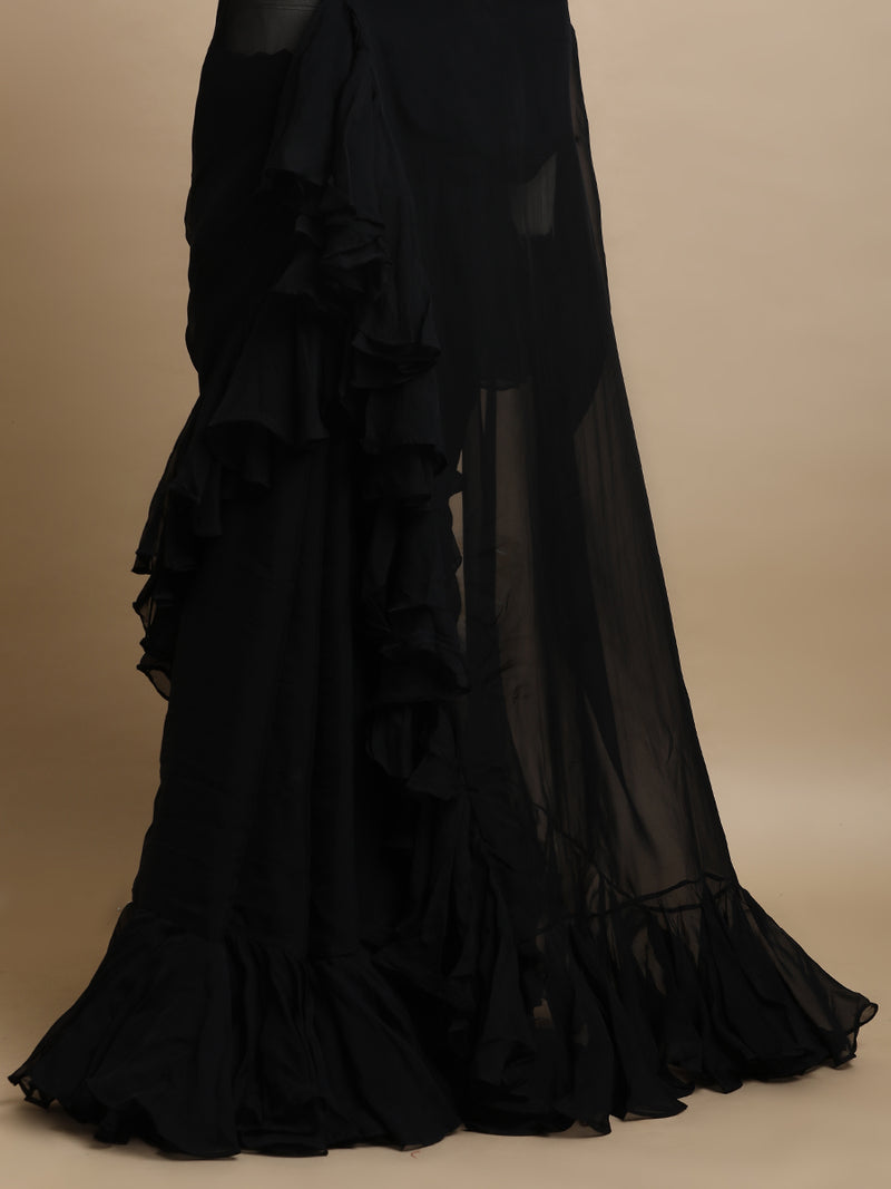 Tamira x Tyohaar | Mystic Black Viscose Organza Designer Flounce Saree-Binks