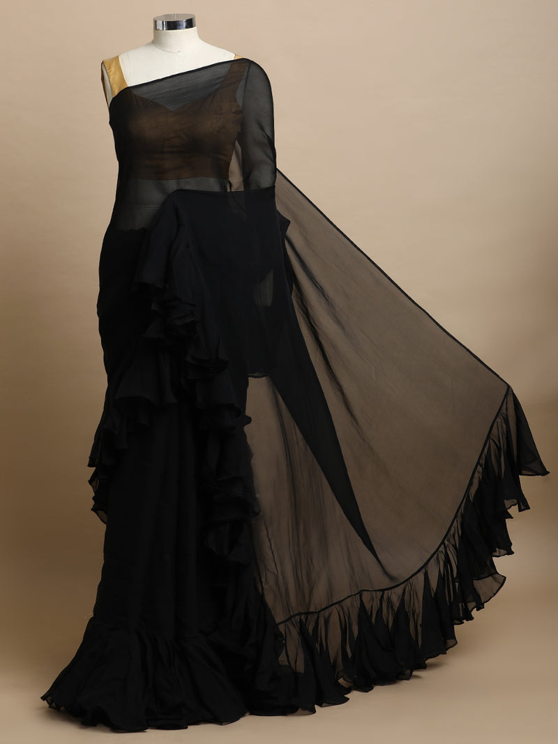 Tamira x Tyohaar | Mystic Black Viscose Organza Designer Flounce Saree-Binks