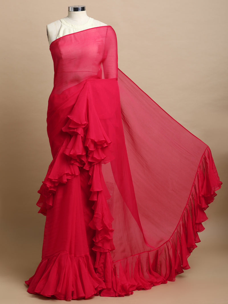 Tamira x Tyohaar | Pink Rush Viscose Organza Designer Flounce Saree-Binks