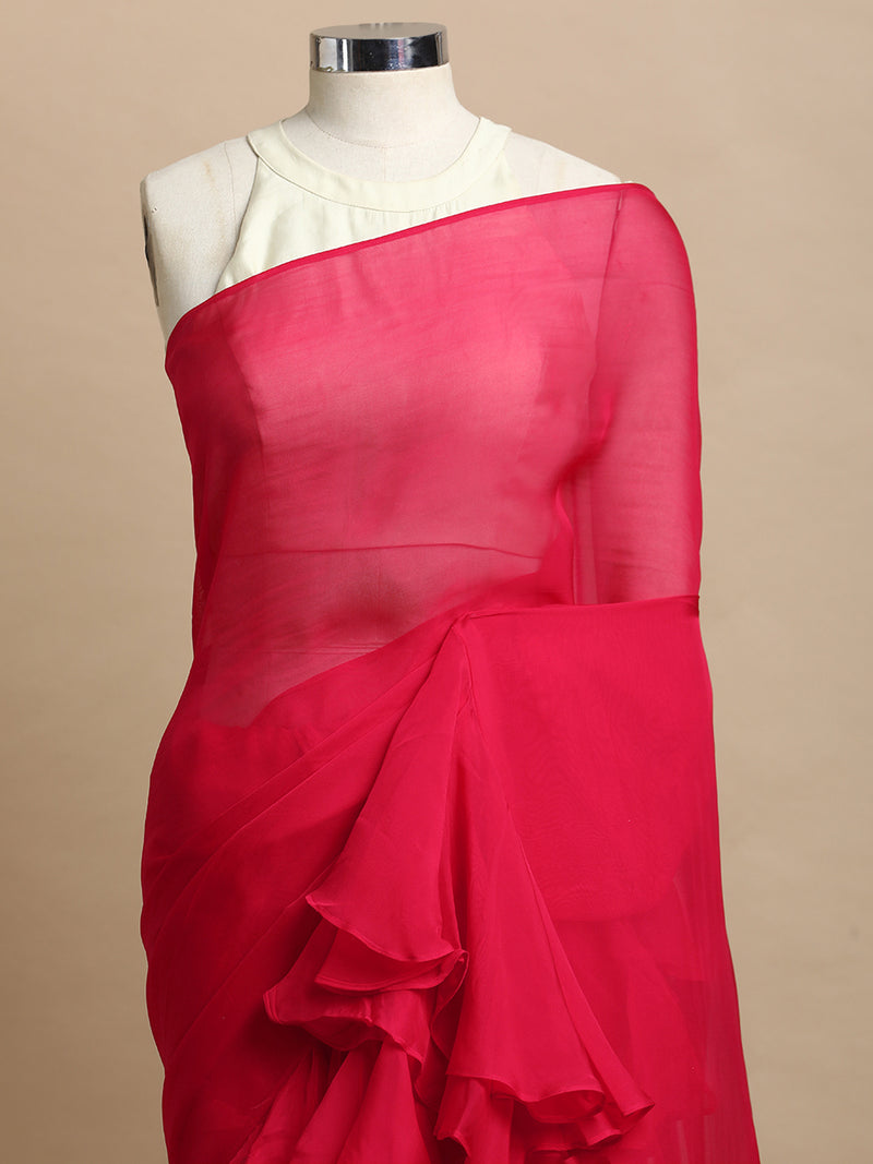 Tamira x Tyohaar | Pink Rush Viscose Organza Designer Flounce Saree-Binks