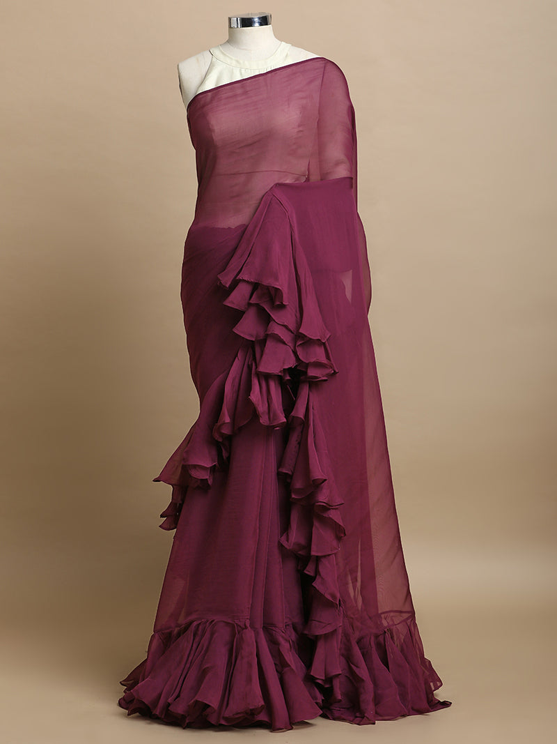 Tamira x Tyohaar | Velvet Plum Viscose Organza Designer Flounce Saree-Binks