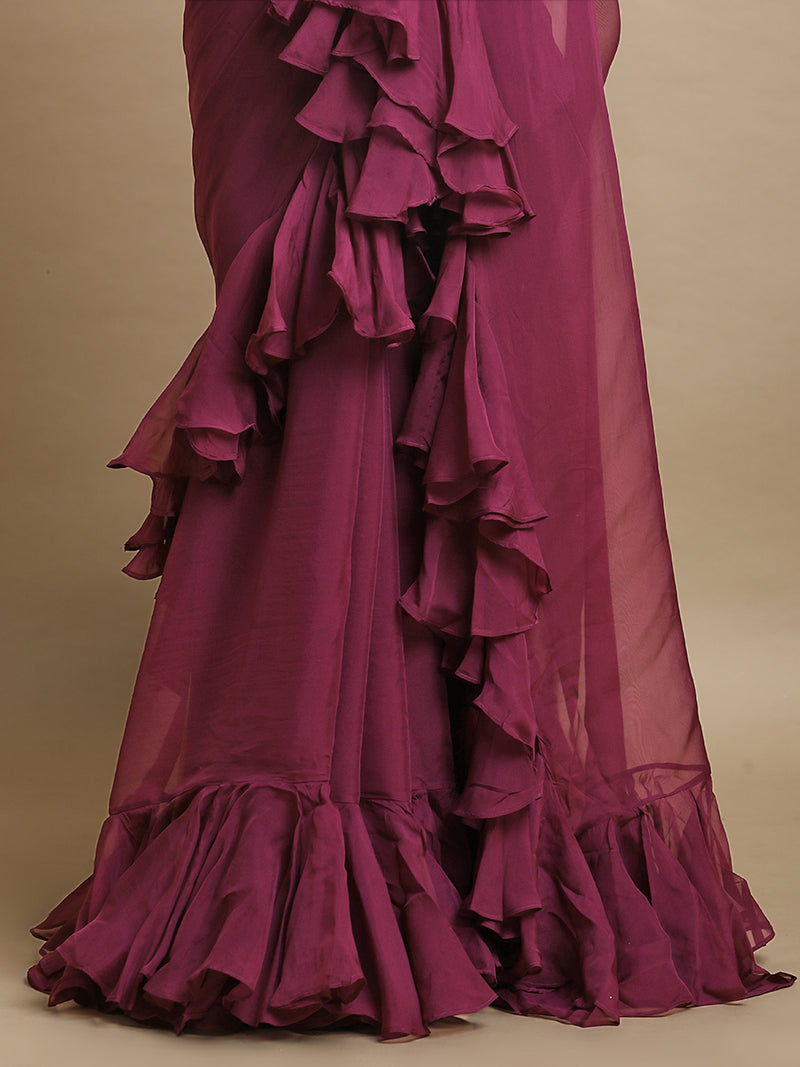 Tamira x Tyohaar | Velvet Plum Viscose Organza Designer Flounce Saree-Binks
