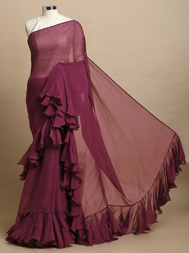 Tamira x Tyohaar | Velvet Plum Viscose Organza Designer Flounce Saree-Binks