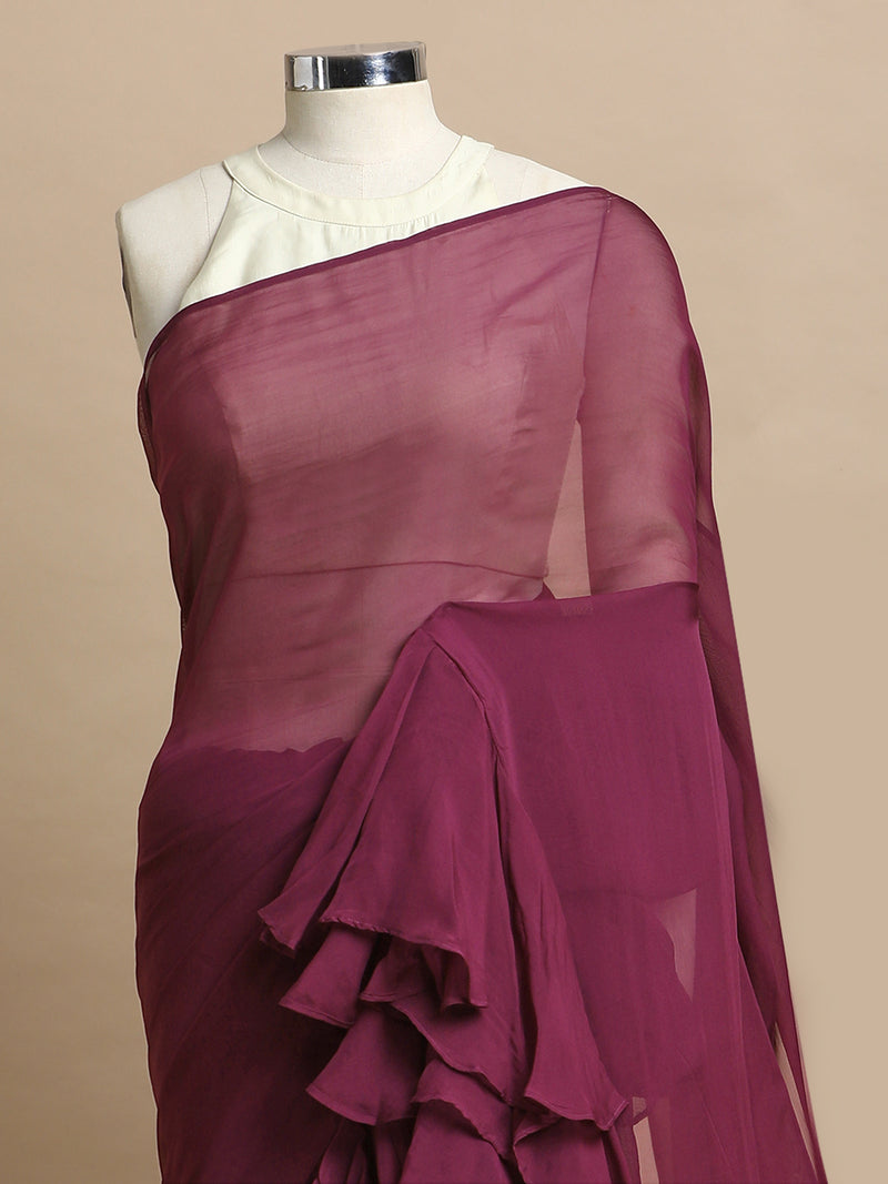 Tamira x Tyohaar | Velvet Plum Viscose Organza Designer Flounce Saree-Binks