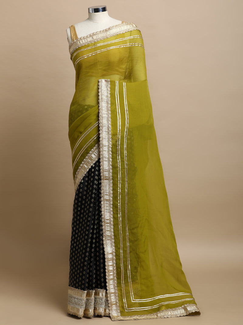 Tazmin x Tyohaar | Black Satin Viscose Butta & Amber Olive Viscose Organza Saree With Gotta Work Designer Lace-Binks