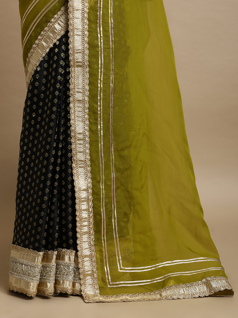 Tazmin x Tyohaar | Black Satin Viscose Butta & Amber Olive Viscose Organza Saree With Gotta Work Designer Lace-Binks