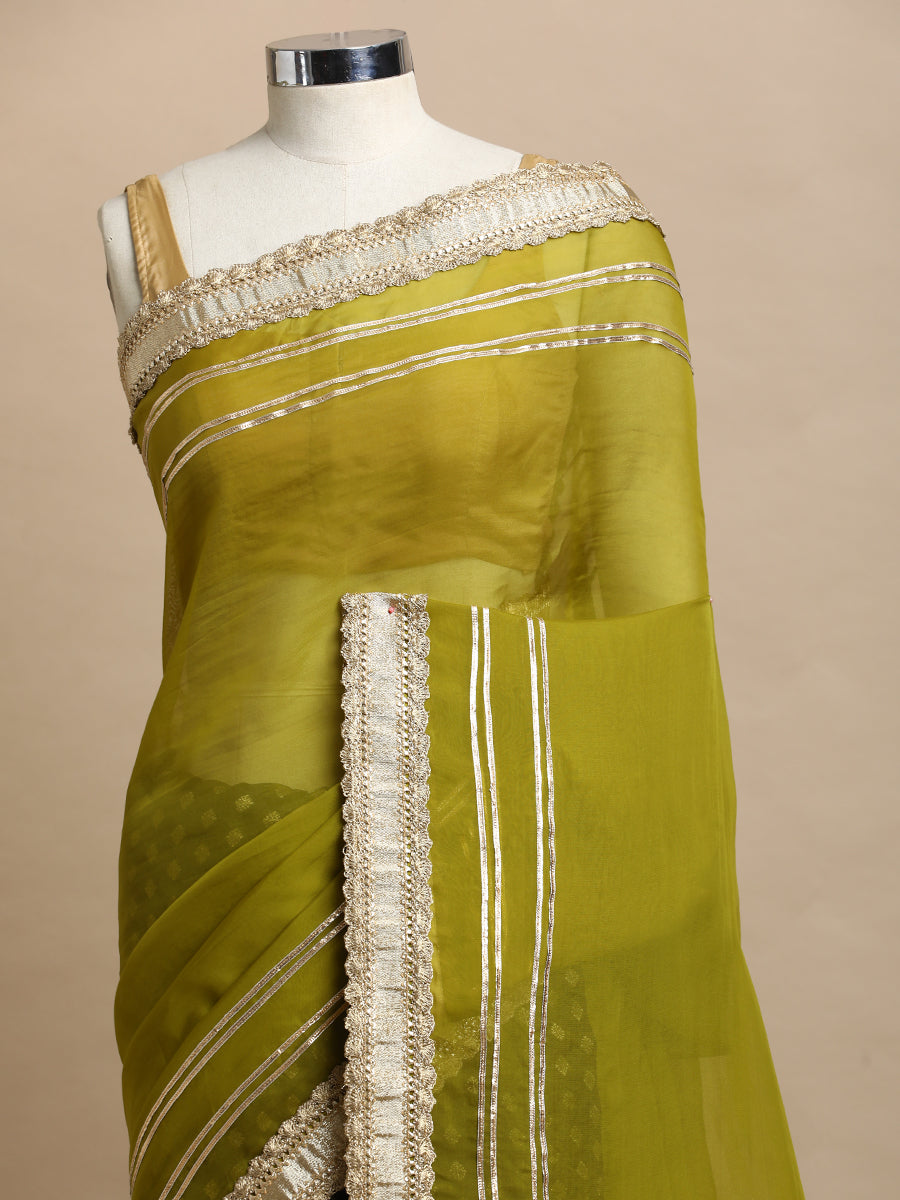 Tazmin x Tyohaar Saree, in Green Viscose Satin Butta & Viscose Organza, made for party & festive (view 4).