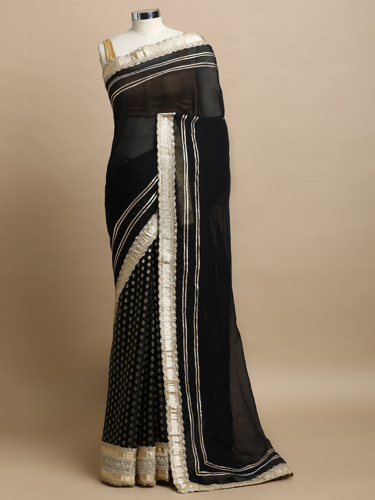 Tazmin x Tyohaar Saree, in Black Viscose Satin Butta & Viscose Organza, made for party & festive.