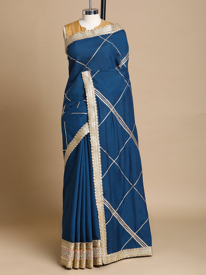 Vrishti x Tyohaar | Crystal Teal Viscose Saree With Heritage Gotta Work & Designer Embroidered Lace-Binks