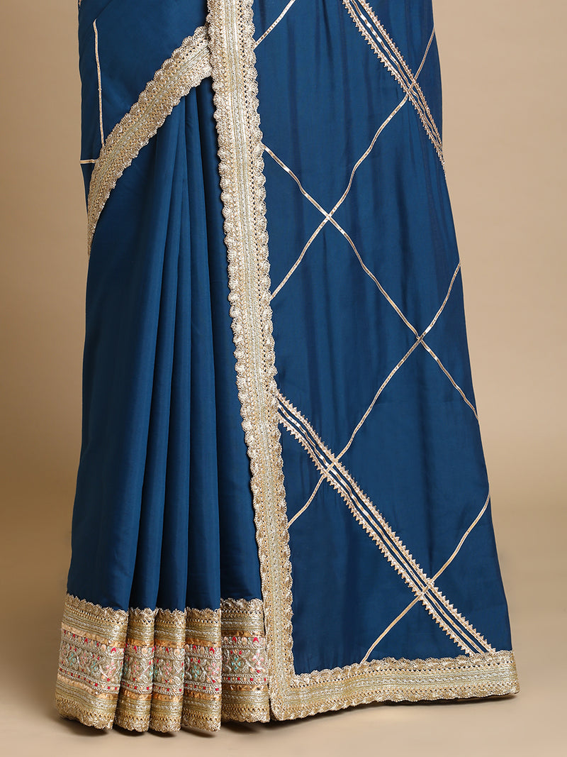 Vrishti x Tyohaar | Crystal Teal Viscose Saree With Heritage Gotta Work & Designer Embroidered Lace-Binks