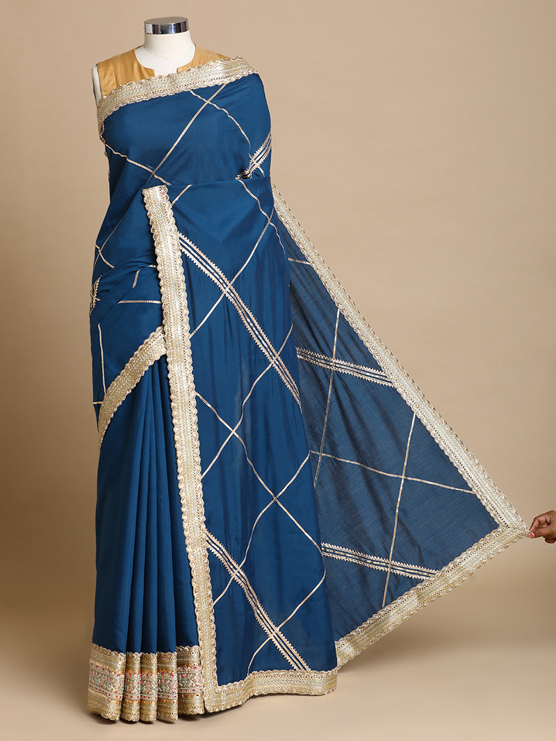 Vrishti x Tyohaar | Crystal Teal Viscose Saree With Heritage Gotta Work & Designer Embroidered Lace-Binks
