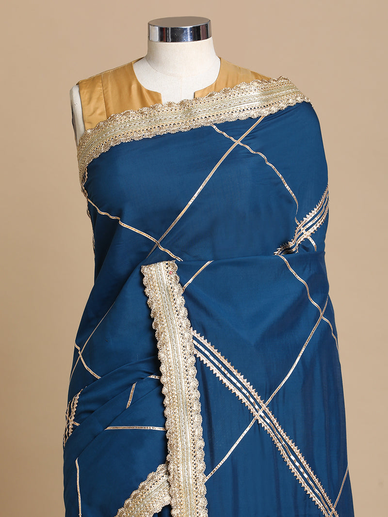 Vrishti x Tyohaar | Crystal Teal Viscose Saree With Heritage Gotta Work & Designer Embroidered Lace-Binks
