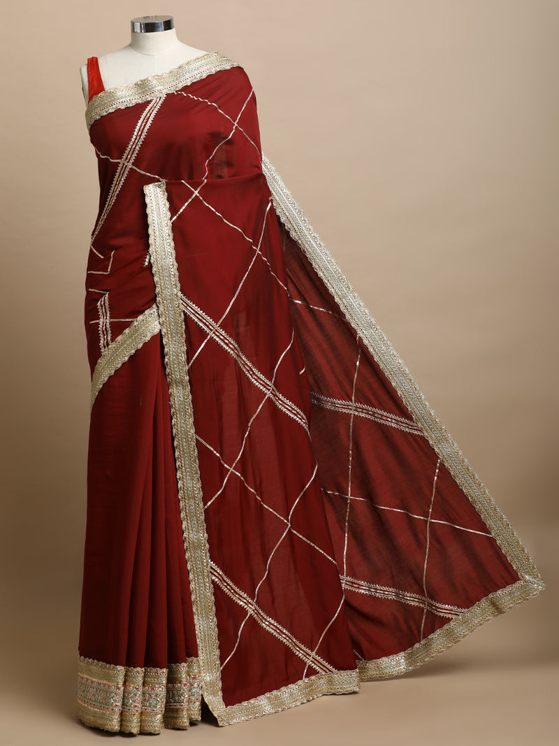 Vrishti x Tyohaar | Deep Maroon Viscose Saree With Heritage Gotta Work & Designer Embroidered Lace-Binks
