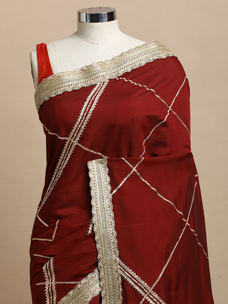 Vrishti x Tyohaar | Deep Maroon Viscose Saree With Heritage Gotta Work & Designer Embroidered Lace-Binks
