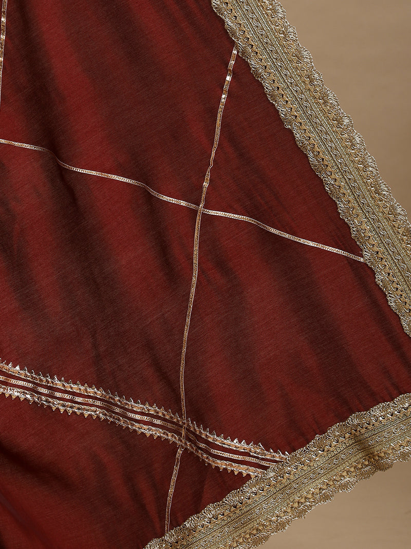 Vrishti x Tyohaar | Deep Maroon Viscose Saree With Heritage Gotta Work & Designer Embroidered Lace-Binks