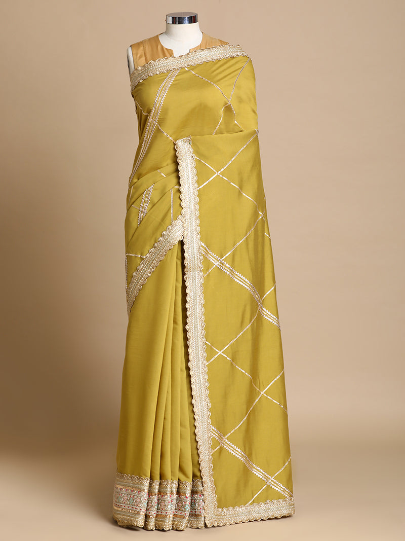 Vrishti x Tyohaar | Dijon Mustard Viscose Saree With Heritage Gotta Work & Designer Embroidered Lace-Binks