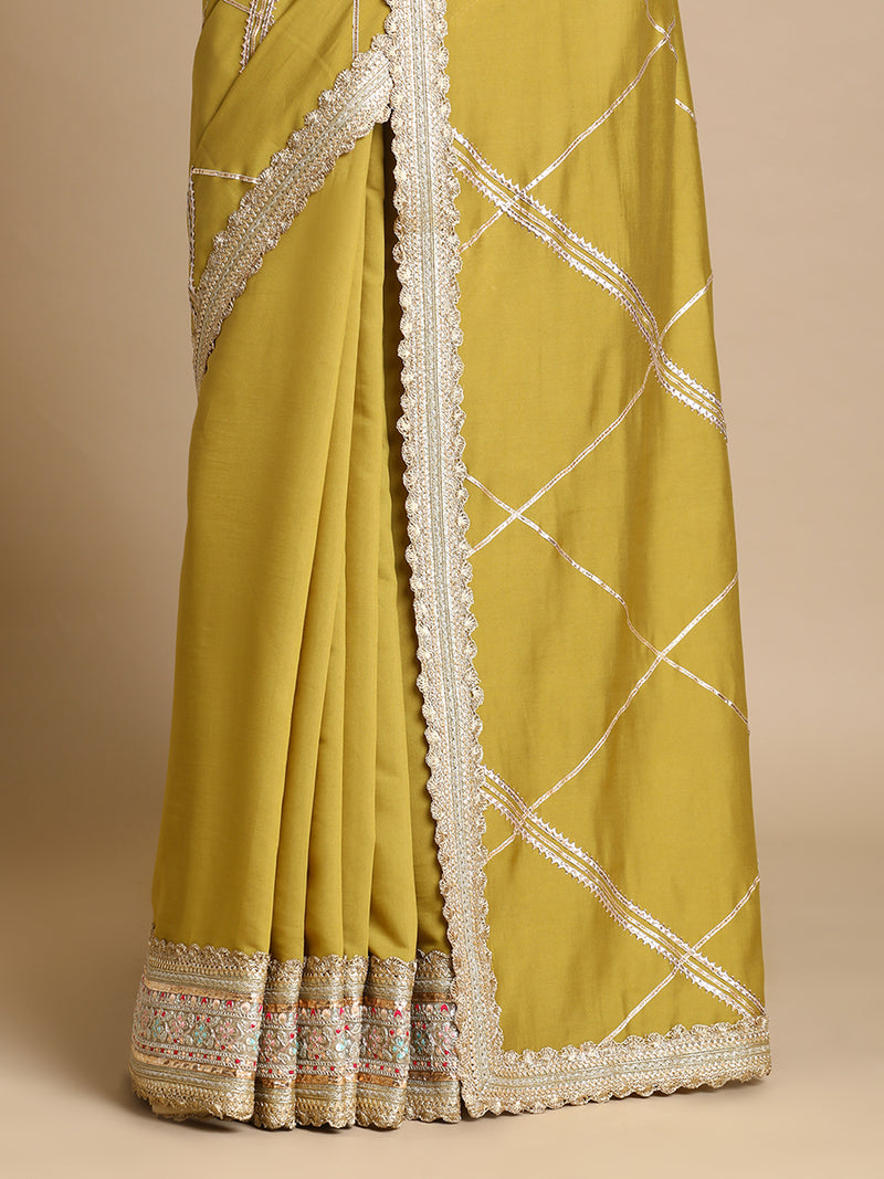 Vrishti x Tyohaar | Dijon Mustard Viscose Saree With Heritage Gotta Work & Designer Embroidered Lace-Binks