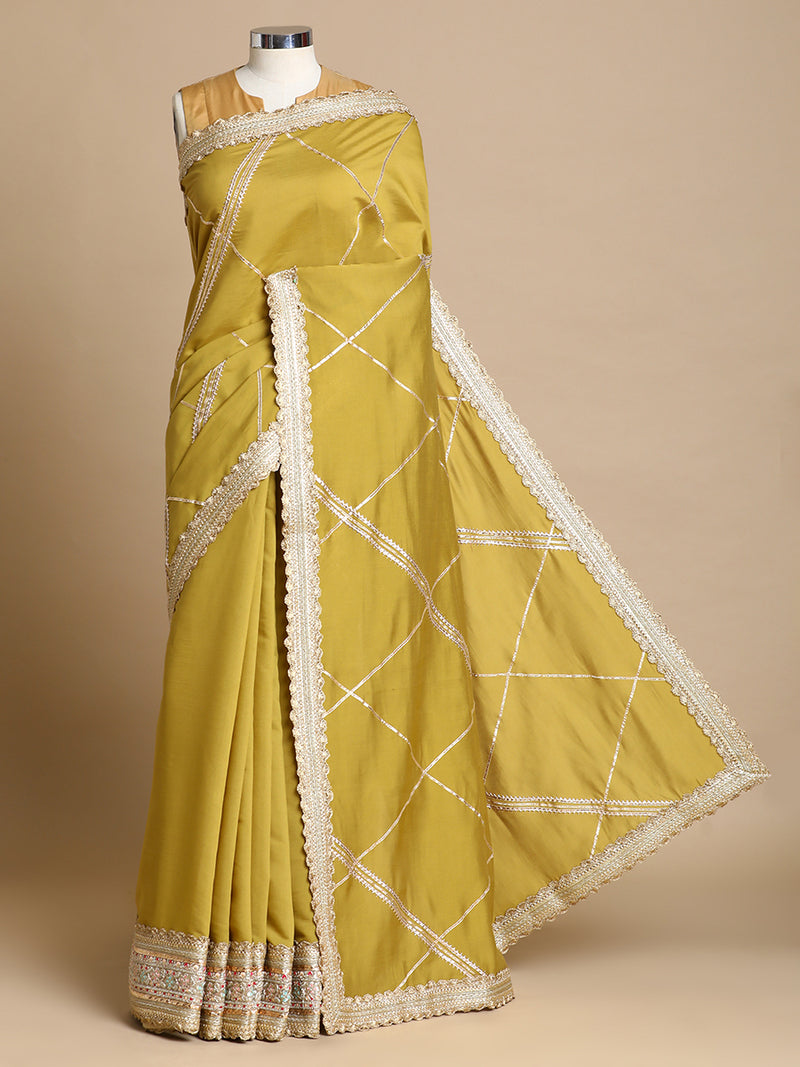 Vrishti x Tyohaar | Dijon Mustard Viscose Saree With Heritage Gotta Work & Designer Embroidered Lace-Binks