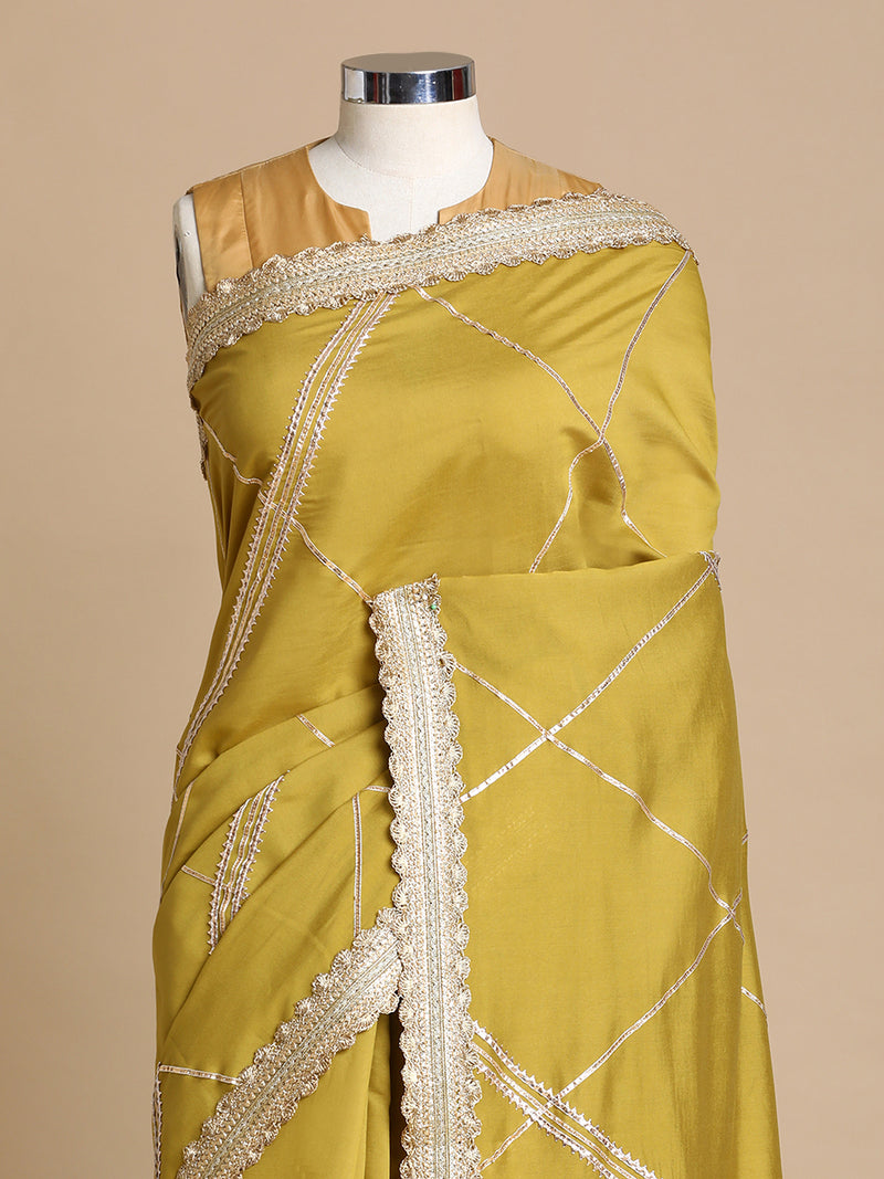 Vrishti x Tyohaar | Dijon Mustard Viscose Saree With Heritage Gotta Work & Designer Embroidered Lace-Binks