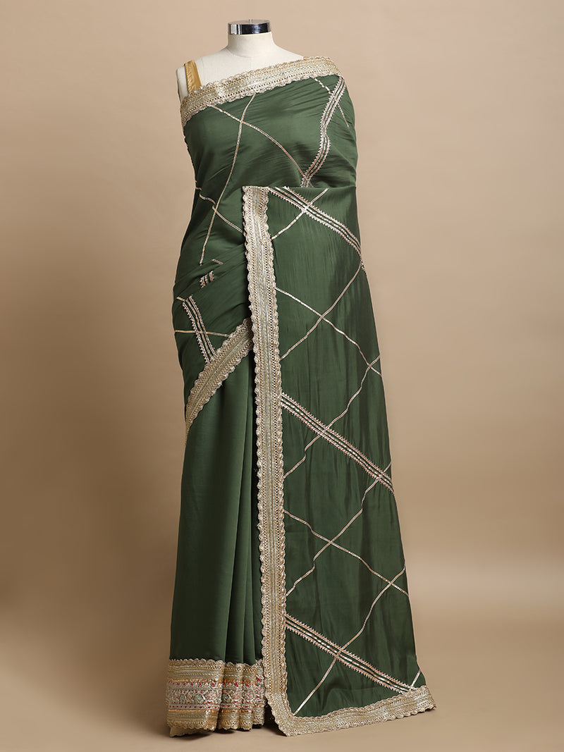 Vrishti x Tyohaar | Hunter Green Viscose Saree With Heritage Gotta Work & Designer Embroidered Lace-Binks