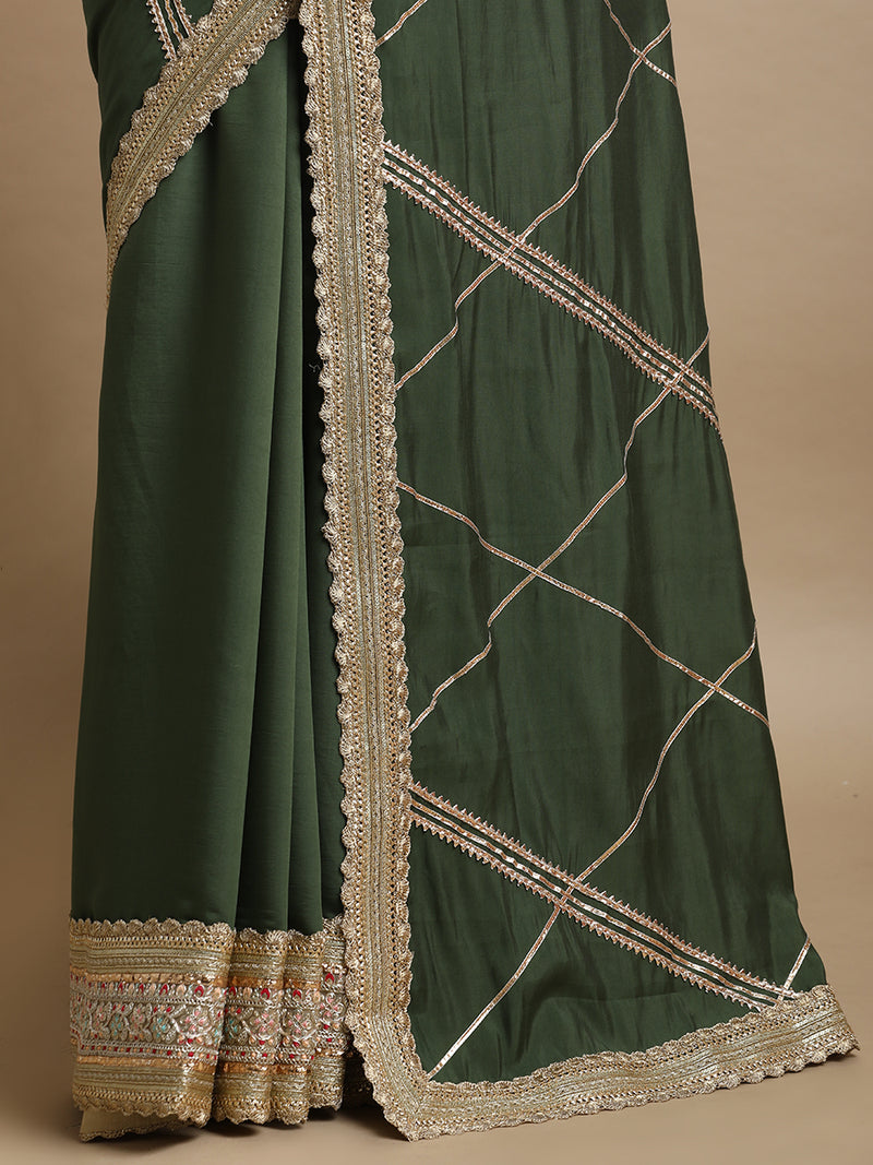 Vrishti x Tyohaar | Hunter Green Viscose Saree With Heritage Gotta Work & Designer Embroidered Lace-Binks