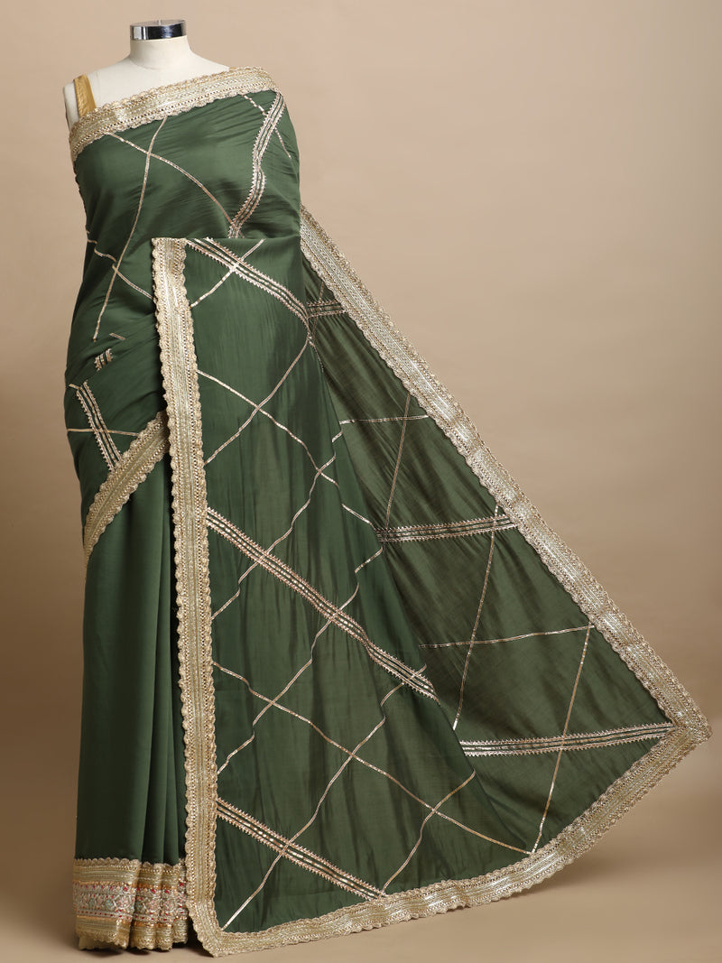 Vrishti x Tyohaar | Hunter Green Viscose Saree With Heritage Gotta Work & Designer Embroidered Lace-Binks