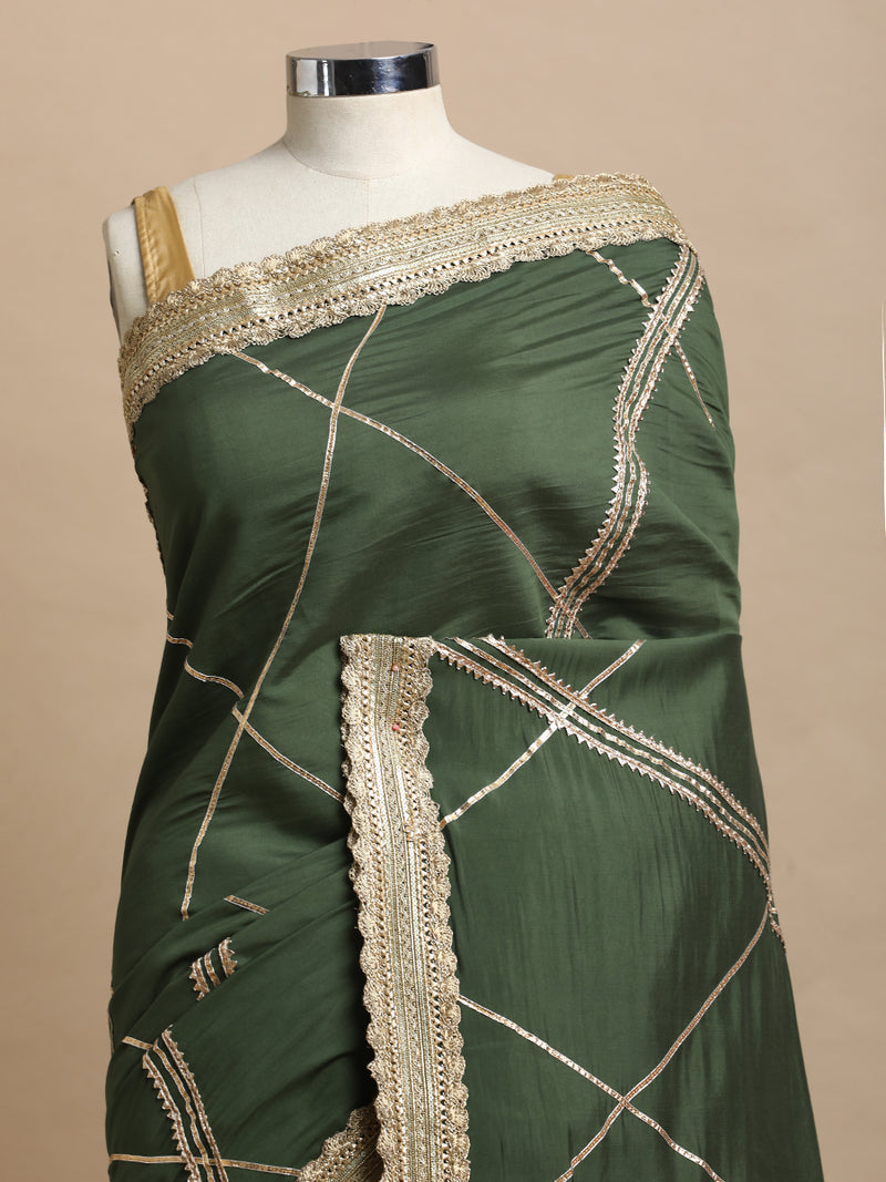 Vrishti x Tyohaar | Hunter Green Viscose Saree With Heritage Gotta Work & Designer Embroidered Lace-Binks