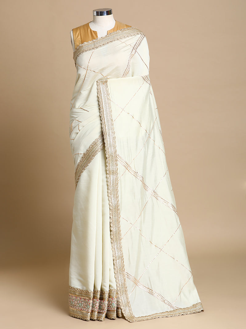 Vrishti x Tyohaar | Ivory Viscose Saree With Heritage Gotta Work & Designer Embroidered Lace-Binks