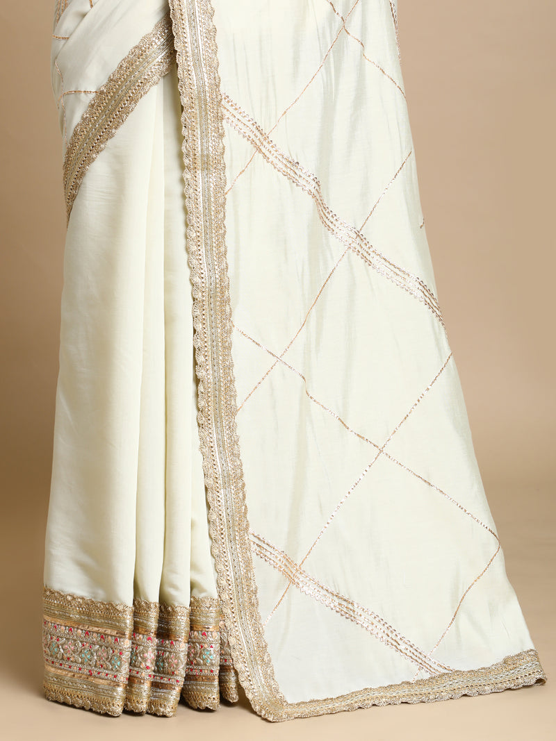 Vrishti x Tyohaar | Ivory Viscose Saree With Heritage Gotta Work & Designer Embroidered Lace-Binks