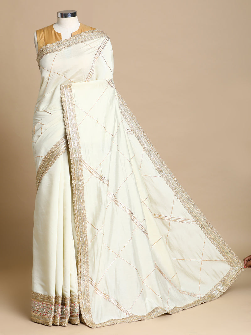 Vrishti x Tyohaar | Ivory Viscose Saree With Heritage Gotta Work & Designer Embroidered Lace-Binks