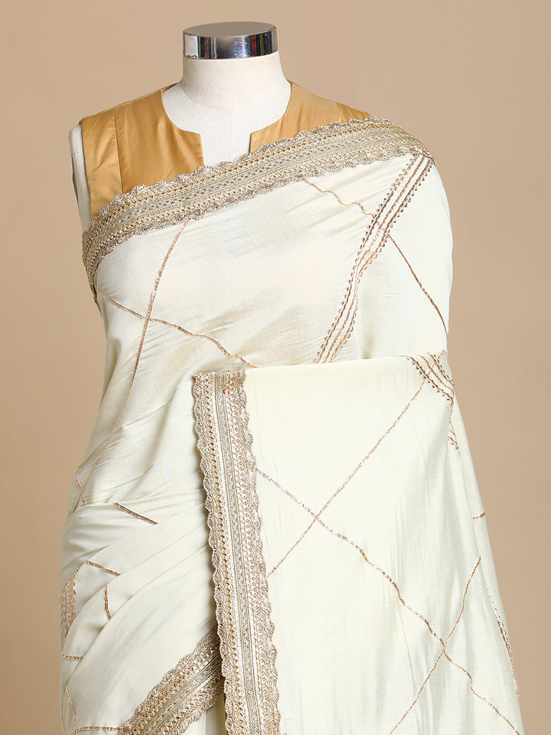 Vrishti x Tyohaar | Ivory Viscose Saree With Heritage Gotta Work & Designer Embroidered Lace-Binks