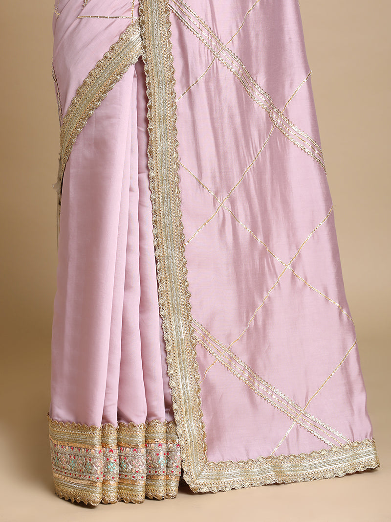 Vrishti x Tyohaar | Lilac Viscose Saree With Heritage Gotta Work & Designer Embroidered Lace-Binks