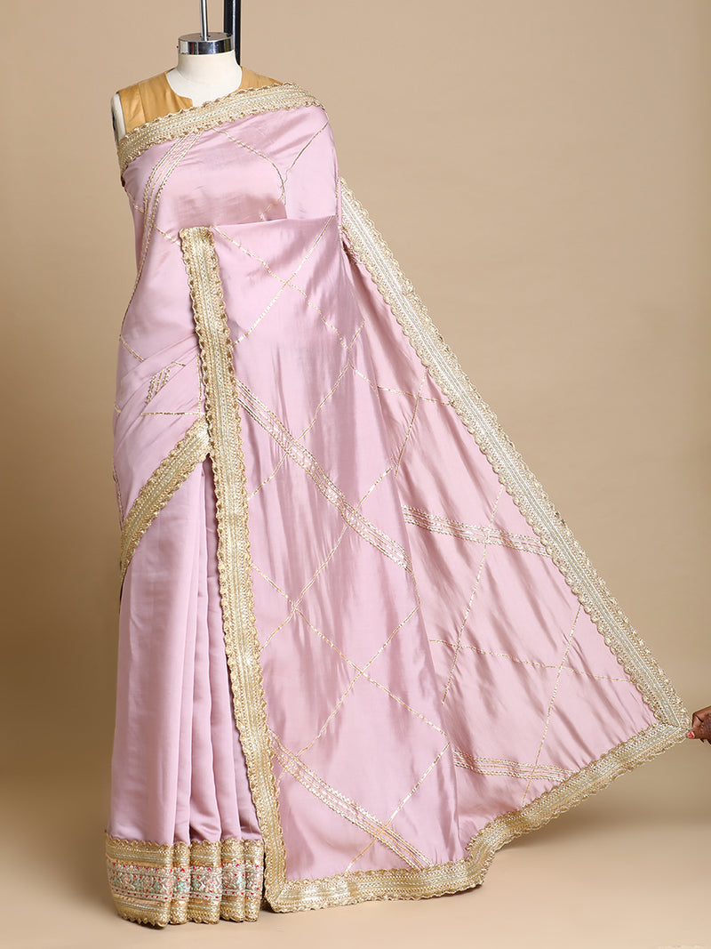 Vrishti x Tyohaar | Lilac Viscose Saree With Heritage Gotta Work & Designer Embroidered Lace-Binks