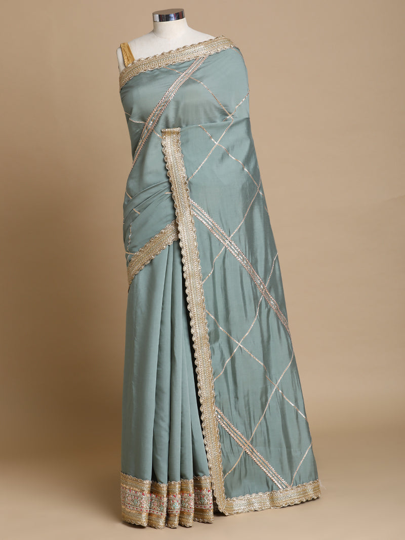 Vrishti x Tyohaar | Mint Green Viscose Saree With Heritage Gotta Work & Designer Embroidered Lace-Binks