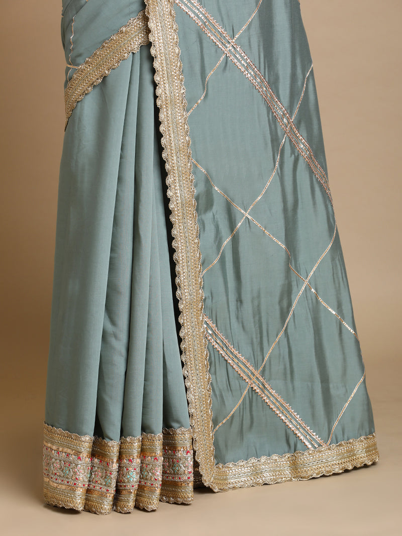 Vrishti x Tyohaar | Mint Green Viscose Saree With Heritage Gotta Work & Designer Embroidered Lace-Binks