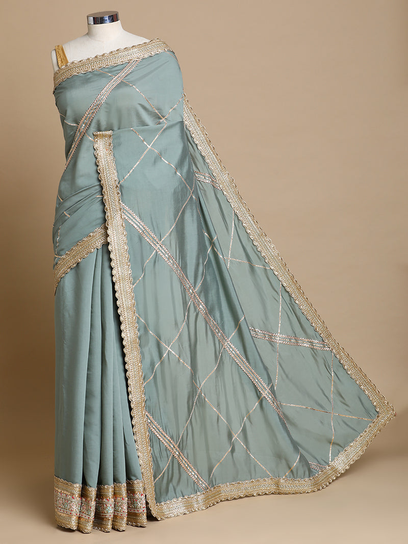 Vrishti x Tyohaar | Mint Green Viscose Saree With Heritage Gotta Work & Designer Embroidered Lace-Binks