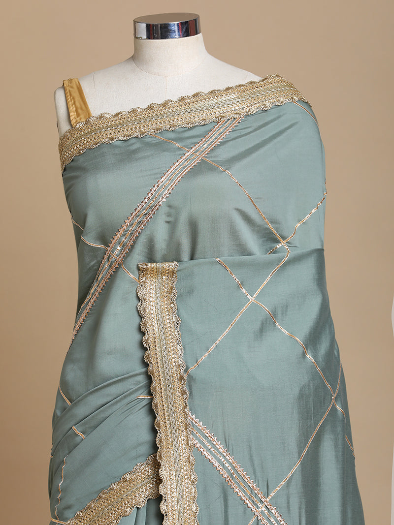 Vrishti x Tyohaar | Mint Green Viscose Saree With Heritage Gotta Work & Designer Embroidered Lace-Binks
