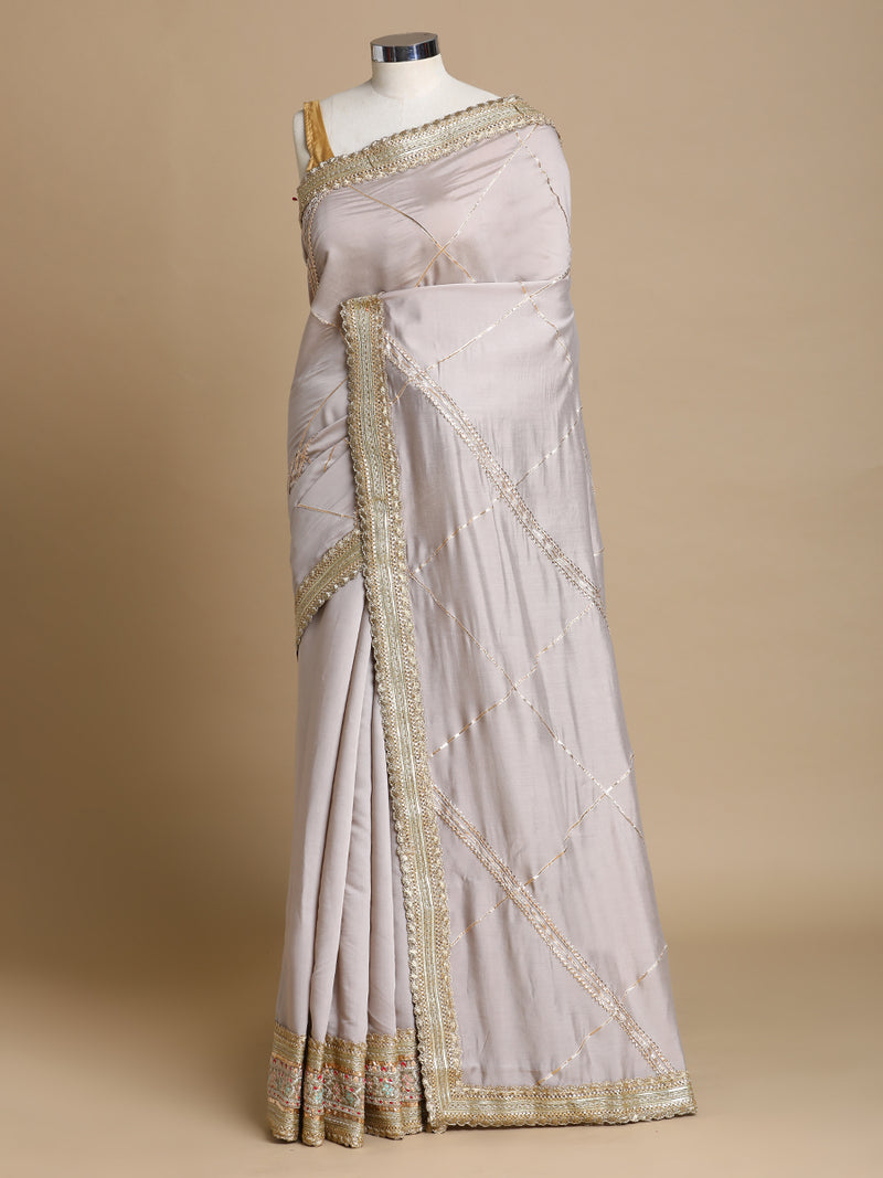 Vrishti x Tyohaar | Oyster Grey Viscose Saree With Heritage Gotta Work & Designer Embroidered Lace-Binks