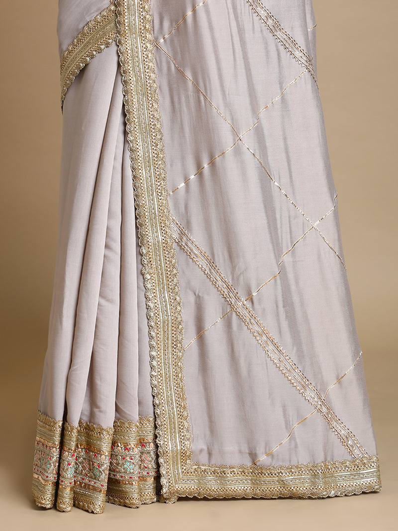 Vrishti x Tyohaar | Oyster Grey Viscose Saree With Heritage Gotta Work & Designer Embroidered Lace-Binks