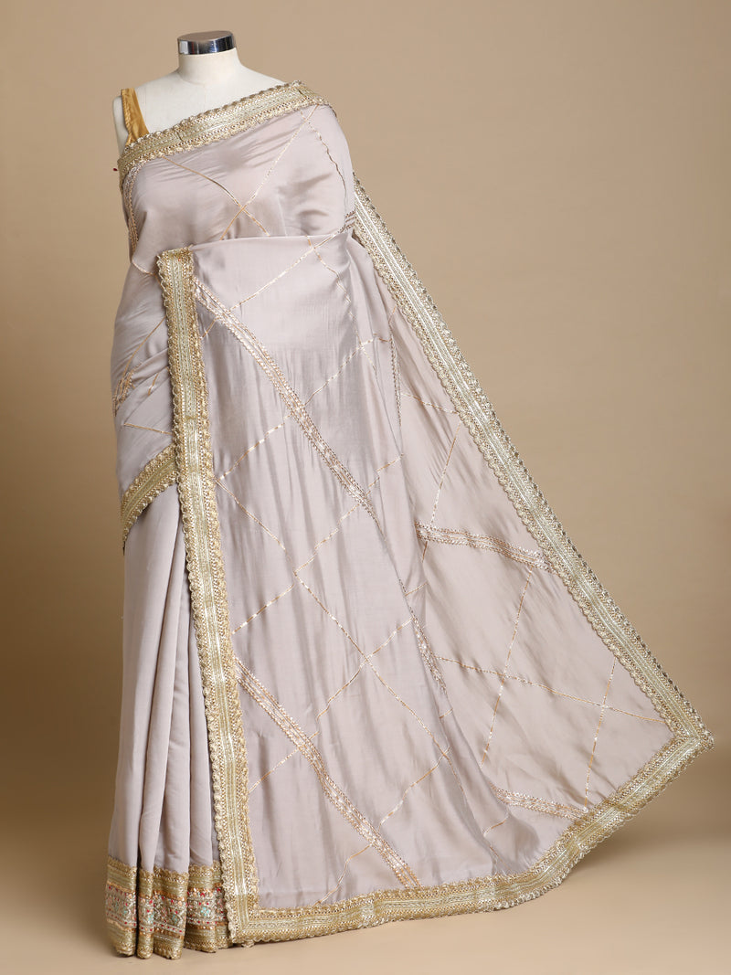 Vrishti x Tyohaar | Oyster Grey Viscose Saree With Heritage Gotta Work & Designer Embroidered Lace-Binks