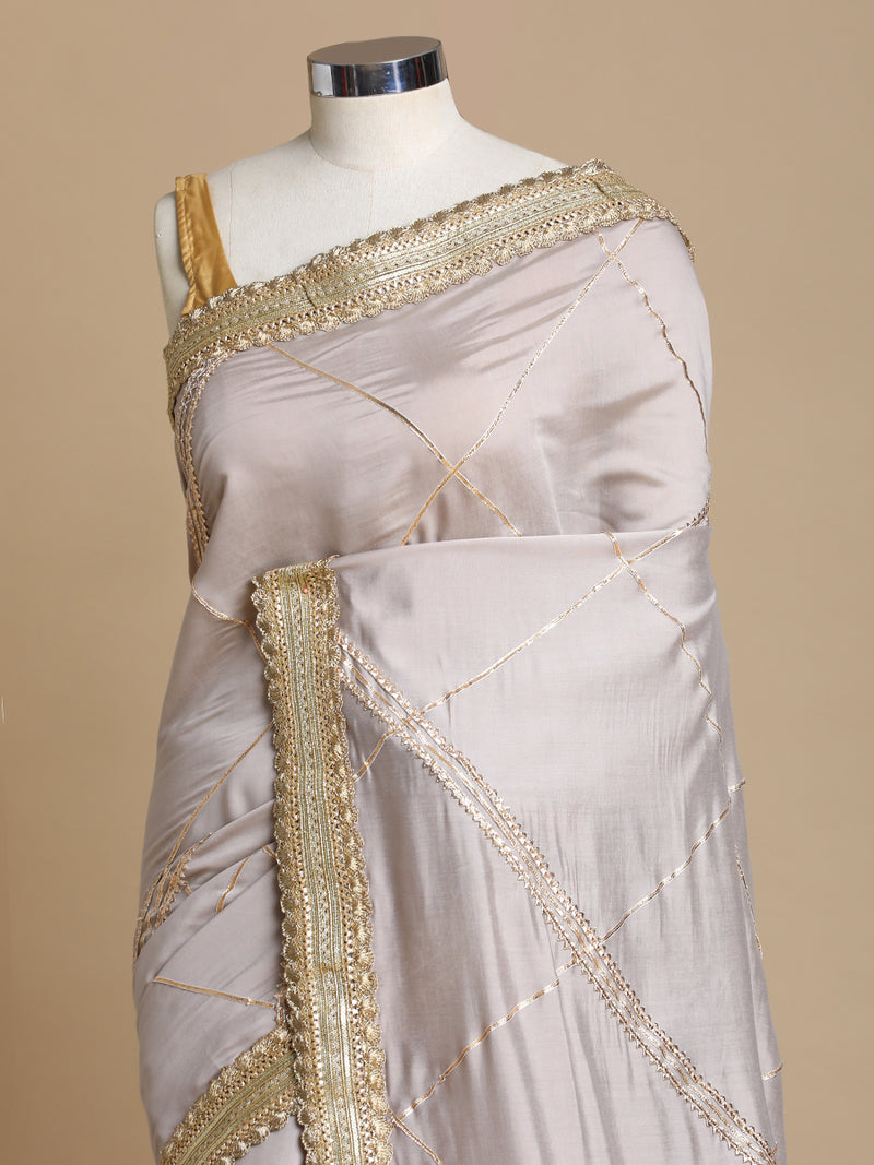 Vrishti x Tyohaar | Oyster Grey Viscose Saree With Heritage Gotta Work & Designer Embroidered Lace-Binks