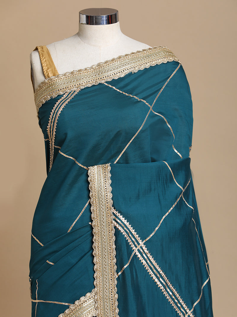 Vrishti x Tyohaar | Peacock Green Viscose Saree With Heritage Gotta Work & Designer Embroidered Lace-Binks