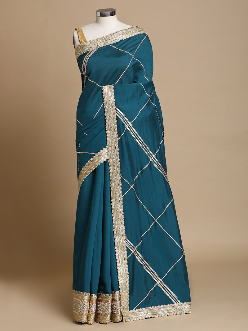 Vrishti x Tyohaar | Peacock Green Viscose Saree With Heritage Gotta Work & Designer Embroidered Lace-Binks